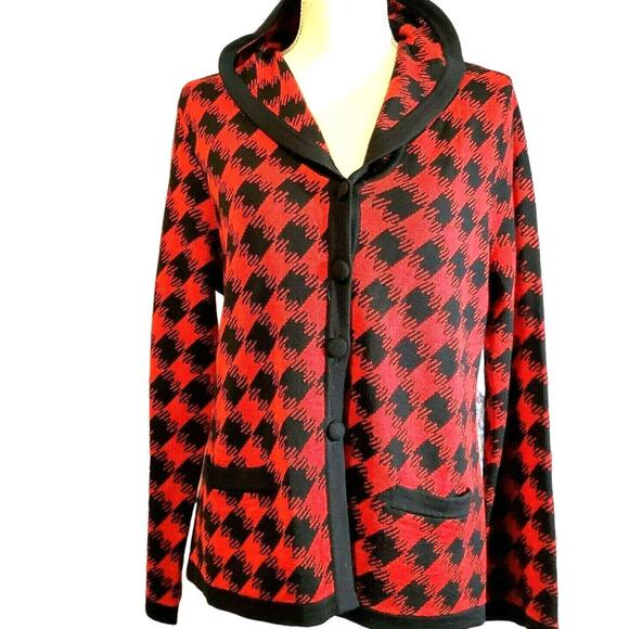 Pendleton Houndstooth Cardigan Size Lp Petite Red & Black Classic Merino Wool - Picture 1 of 12